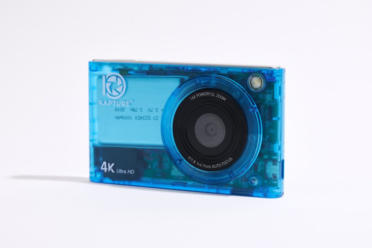 PiX Pocket Camera in Blue, angled view