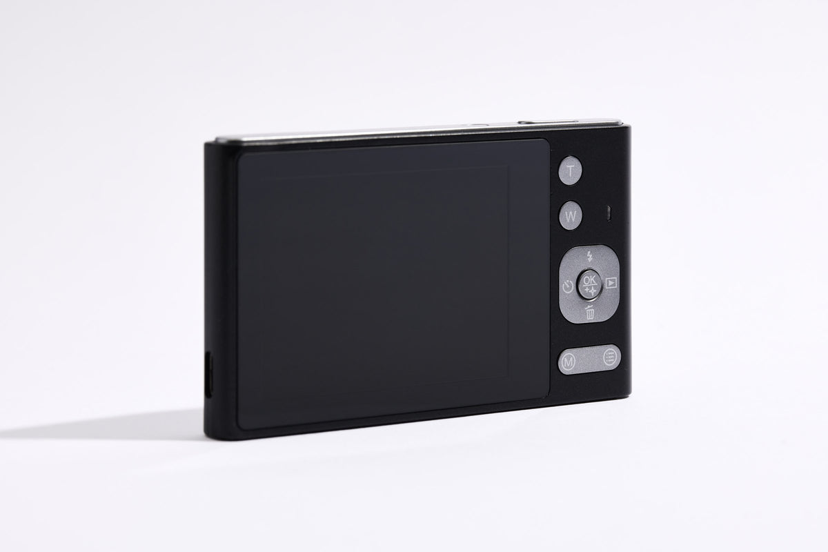 PiX Pocket Camera in Black, back view with screen