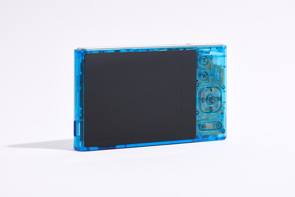 PiX Pocket Camera in Blue, back view, angled