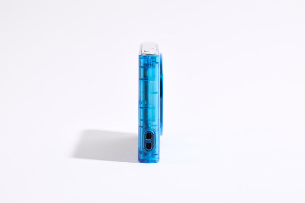 PiX Pocket Camera in Blue, side view with buttons
