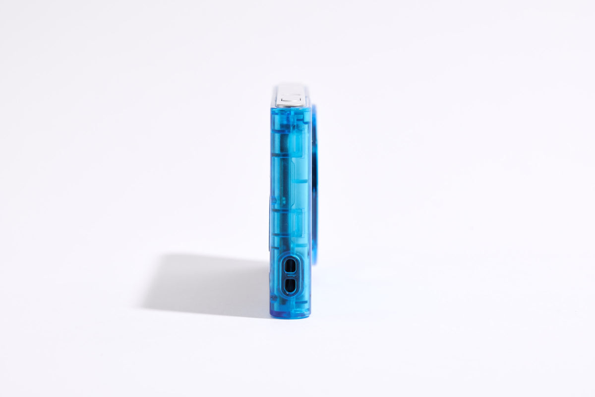 PiX Pocket Camera in Blue, side view with buttons