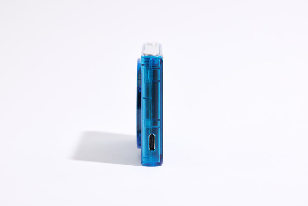 PiX Pocket Camera in Blue, side view with USB-C port