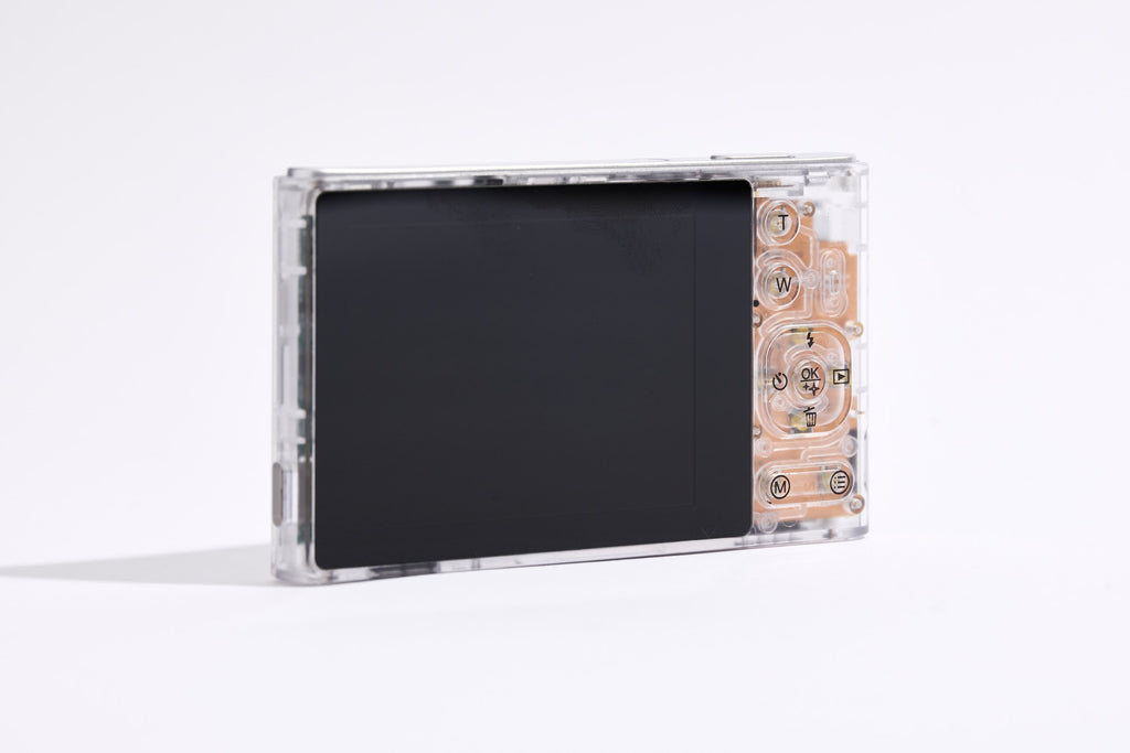 PiX Pocket Camera in Clear, back view, angled