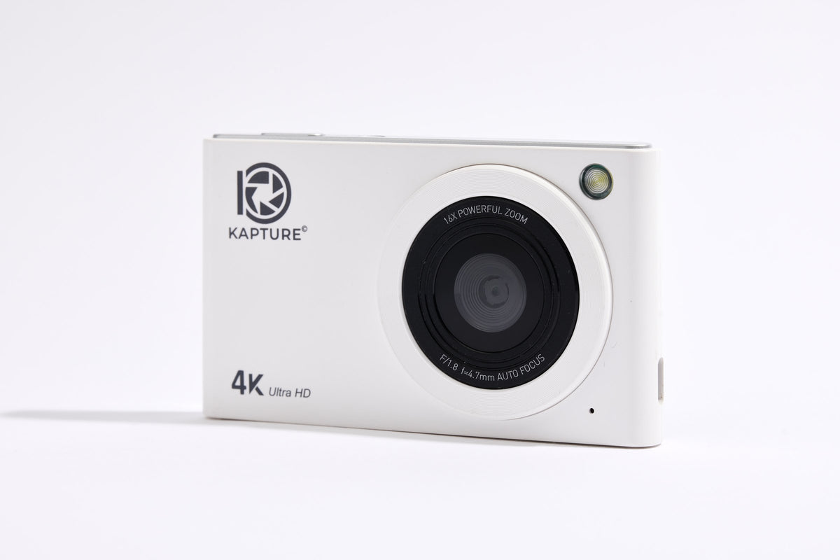 PiX Pocket Camera in White, angled view