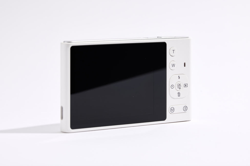 PiX Pocket Camera in White, back view with screen