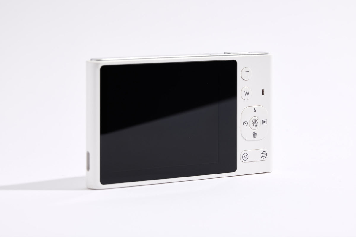 PiX Pocket Camera in White, back view, angled