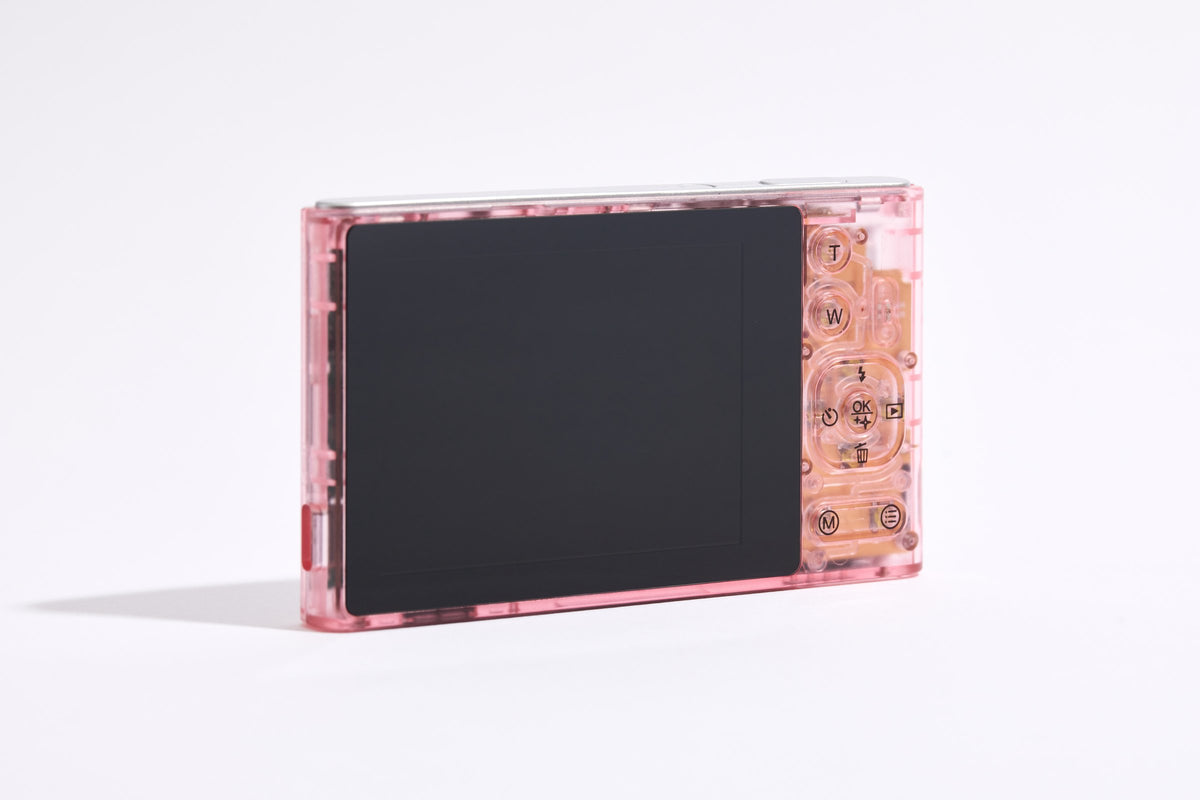 PiX Pocket Camera in Pink, back view with screen